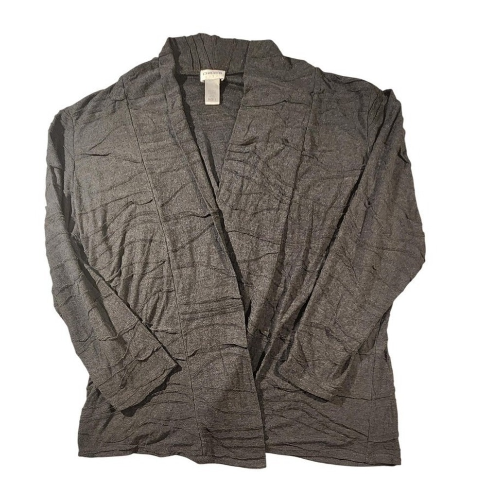 Chico's Cardigan Sweater Womens Size 3 Gray Crinkle Knit Open Front Made USA